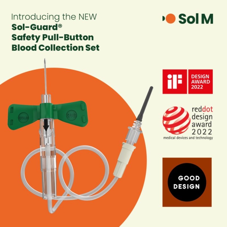 Sol-Guard Safety Pull-Button Blood Collection Set wizualizacja produktu z nagrodami iF Design Award Red Dot